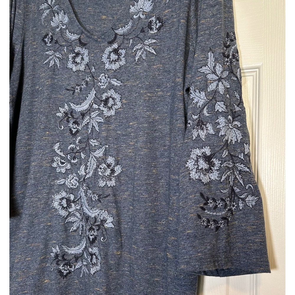 Pure J Jill Embroidered Jersey Tunic Top Large Blue 3/4 Sleeve Boho Soft - Picture 7 of 11